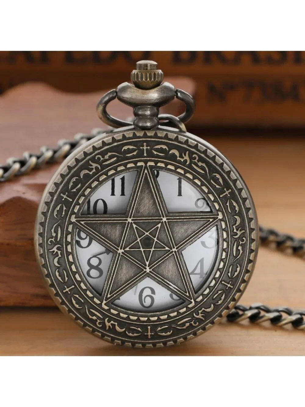 Men's Brown Analog Quartz Arabic Numeral Out Pentagram Chain Dial Pocket Watch